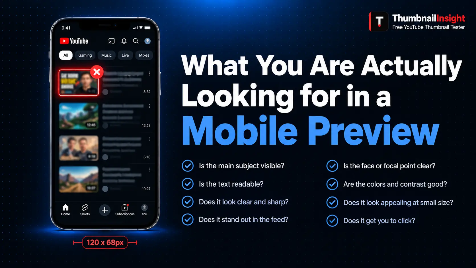 What to look for in a YouTube thumbnail mobile preview — four quality checks including text legibility at 120px wide, face recognition at mobile scale, contrast viability and compositional clarity